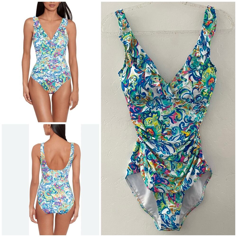Lauren Ralph Lauren Paisley Ruffle Trim Surplice One-Piece Swimsuit Size 12 NEW